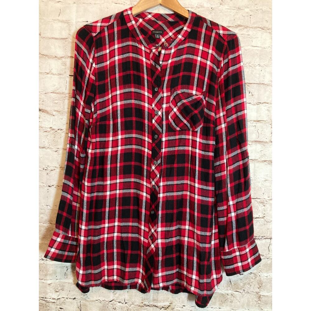 Talbots Top Womens Small Flannel Red Plaid Button Front Roll Tab Sleeve